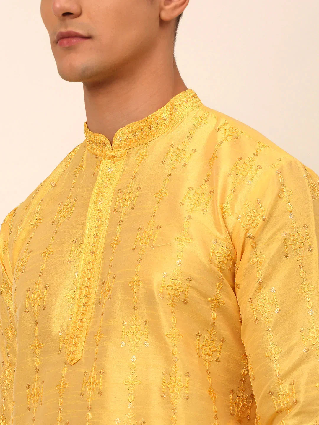 Jompers Men's Silk Blend Collar Embroidered Kurta Pyjama Set - Yellow | Grocsy