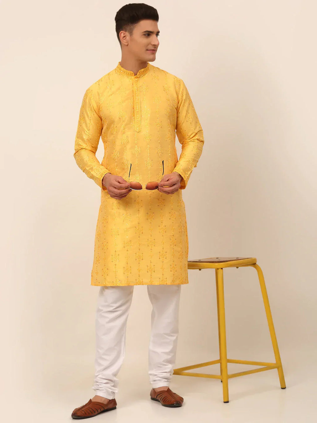 Jompers Men's Silk Blend Collar Embroidered Kurta Pyjama Set - Yellow | Grocsy