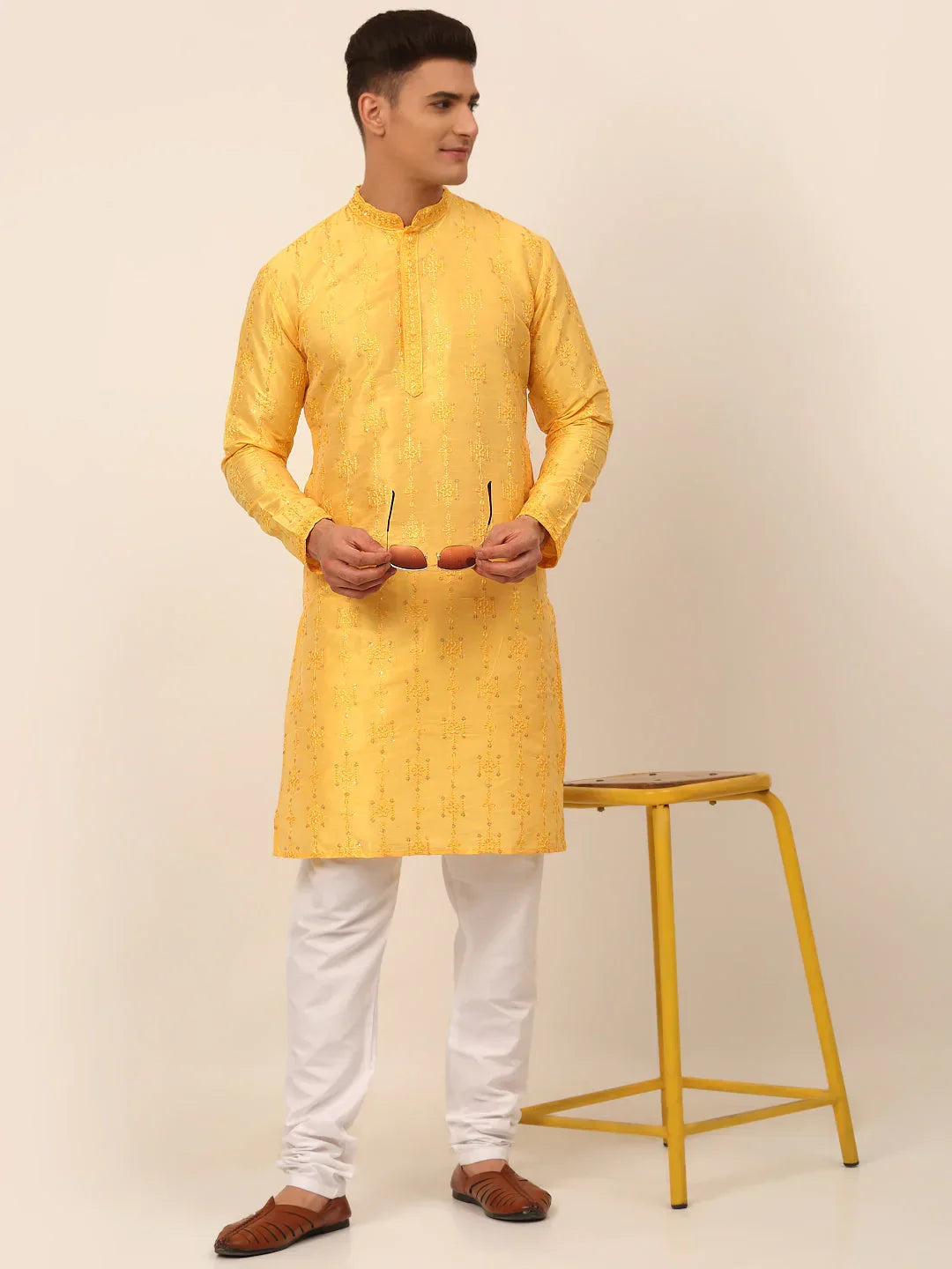 Jompers Men's Silk Blend Collar Embroidered Kurta Pyjama Set - Yellow | Grocsy