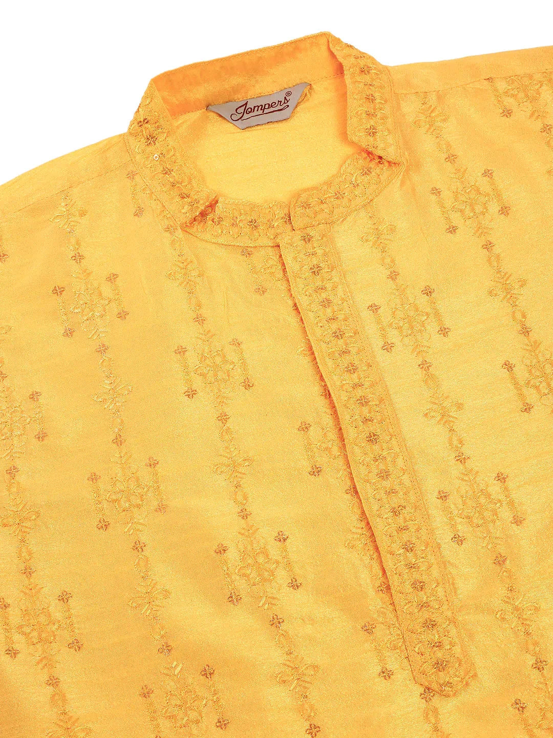 Jompers Men's Silk Blend Collar Embroidered Kurta Pyjama Set - Yellow | Grocsy