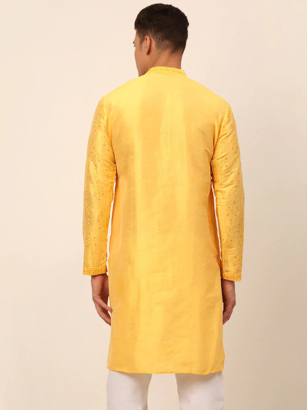 Jompers Men's Silk Blend Collar Embroidered Kurta Only - Yellow | Grocsy
