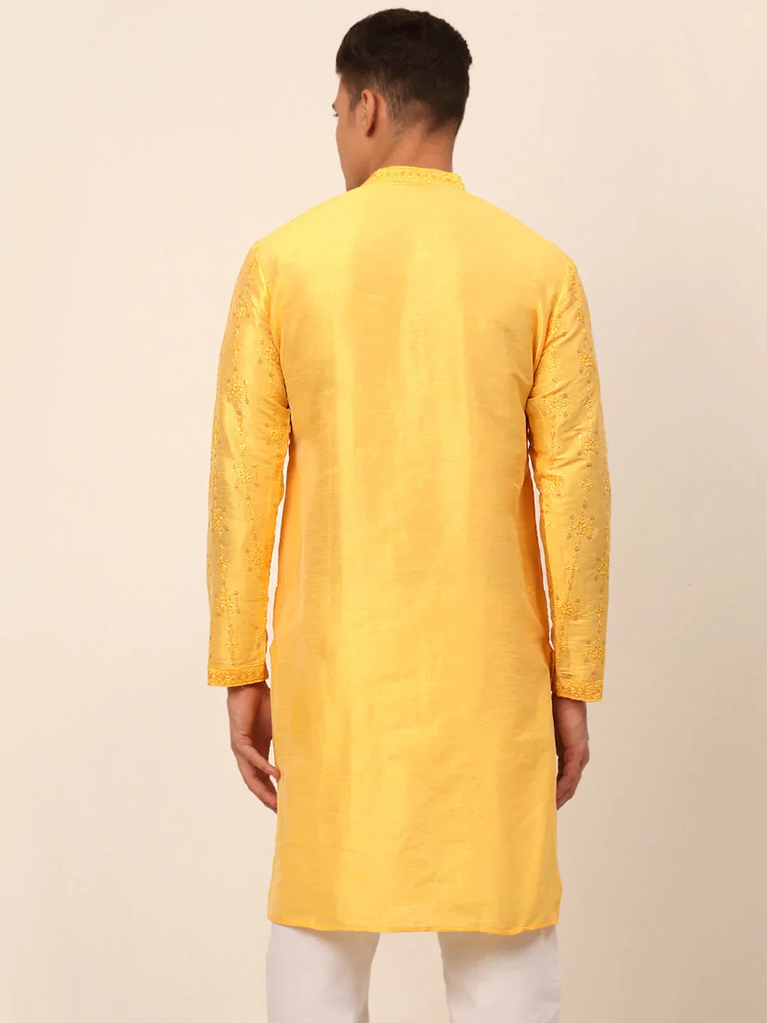 Jompers Men's Silk Blend Collar Embroidered Kurta Only - Yellow | Grocsy