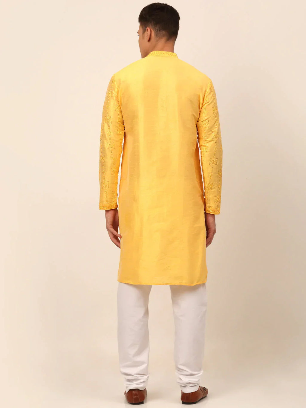 Jompers Men's Silk Blend Collar Embroidered Kurta Pyjama Set - Yellow | Grocsy