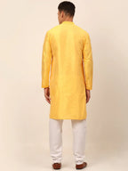 Jompers Men's Silk Blend Collar Embroidered Kurta Pyjama Set - Yellow | Grocsy
