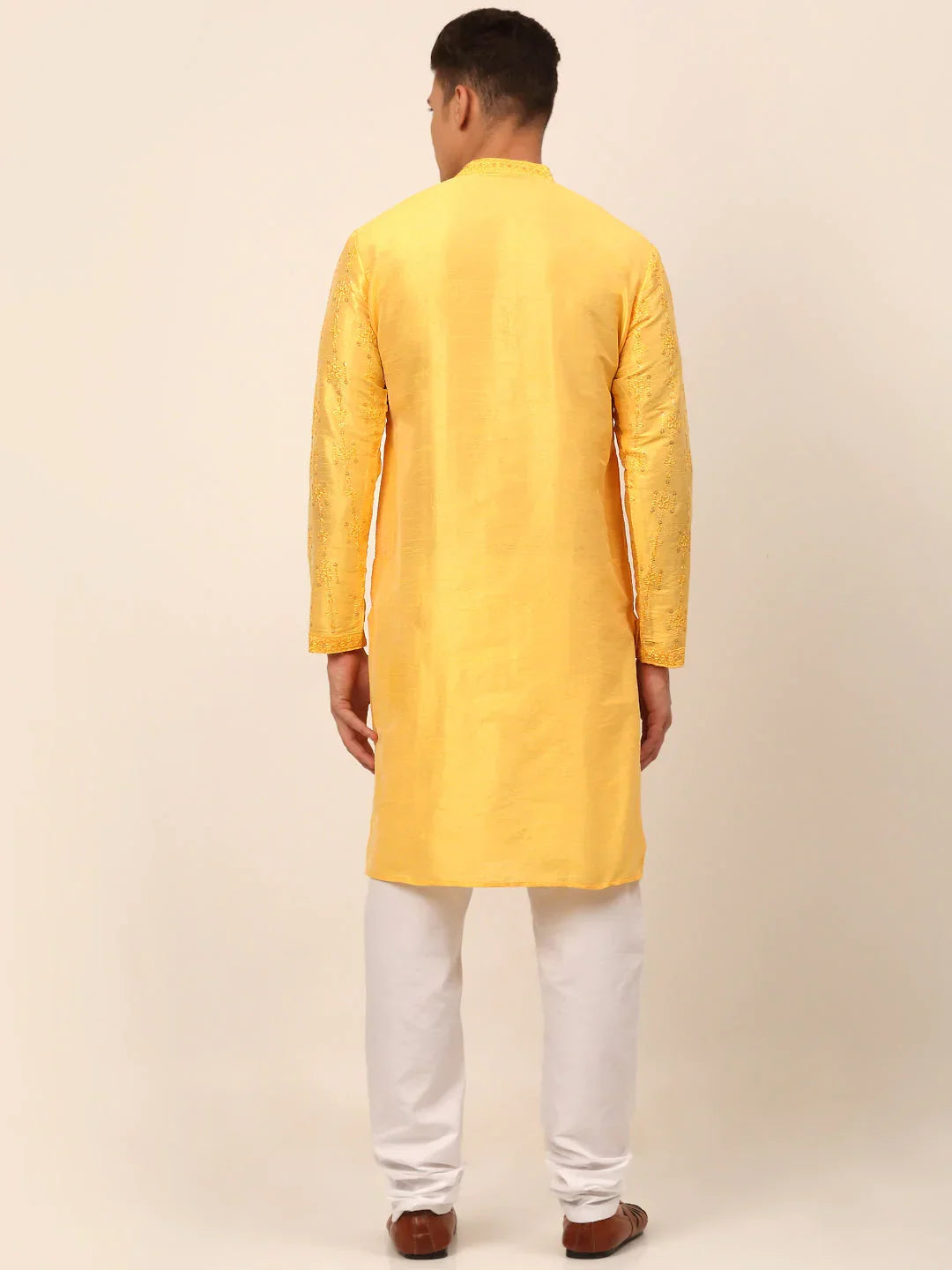 Jompers Men's Silk Blend Collar Embroidered Kurta Pyjama Set - Yellow | Grocsy