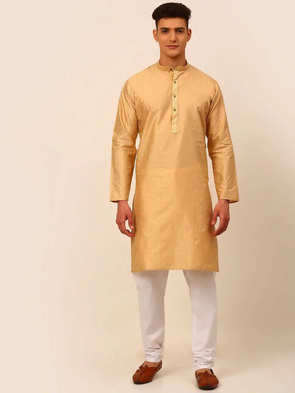 Jompers Men's Beige Striped Pleated Chikankari Kurta pyjama Set | Grocsy