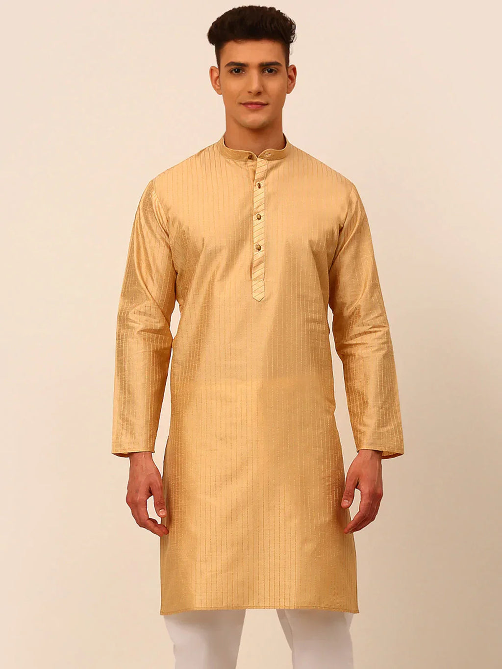 Jompers Men's Beige Striped Pleated Chikankari Kurta Only | Grocsy