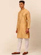 Jompers Men's Beige Striped Pleated Chikankari Kurta pyjama Set | Grocsy