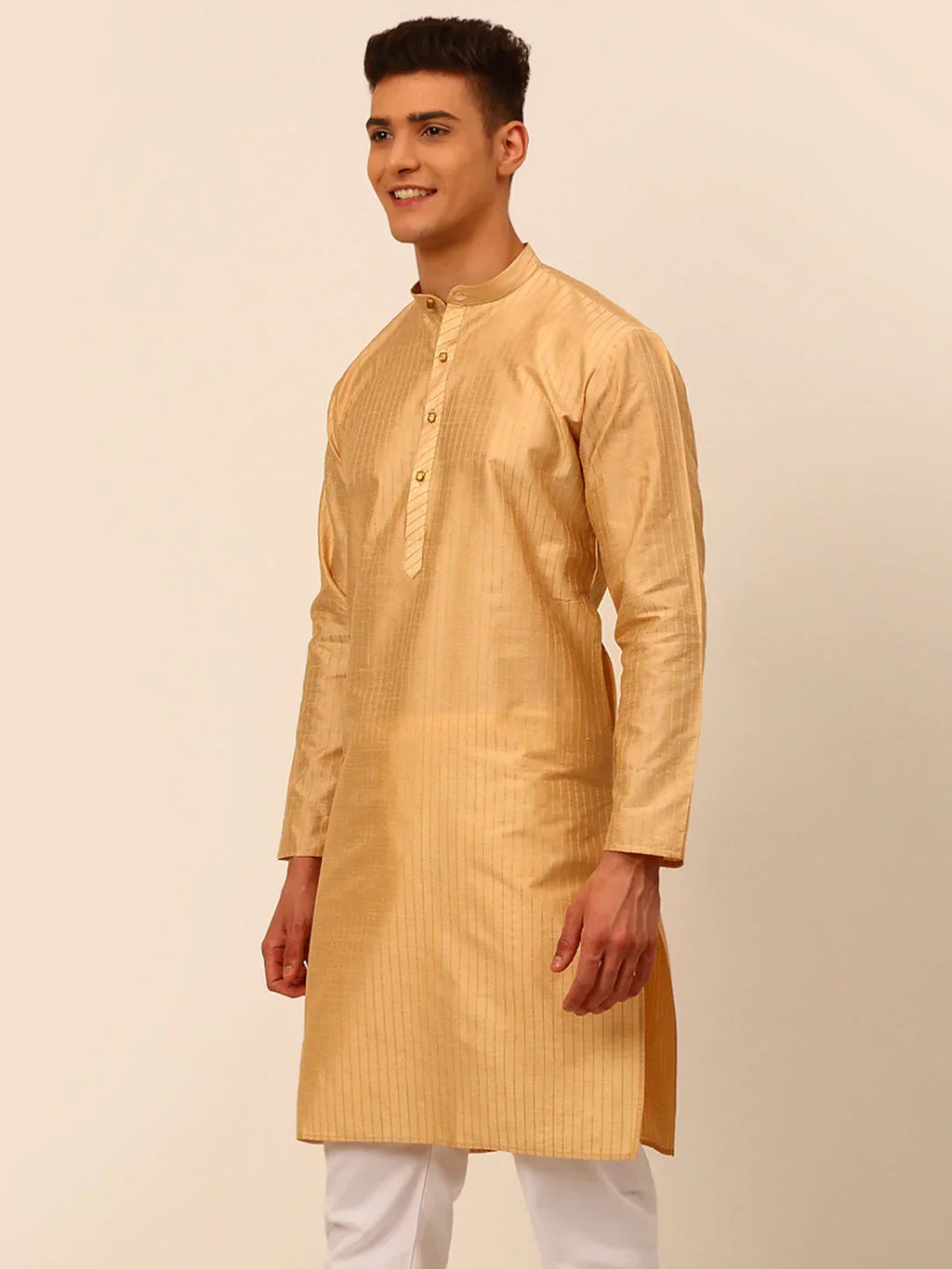 Jompers Men's Beige Striped Pleated Chikankari Kurta Only | Grocsy