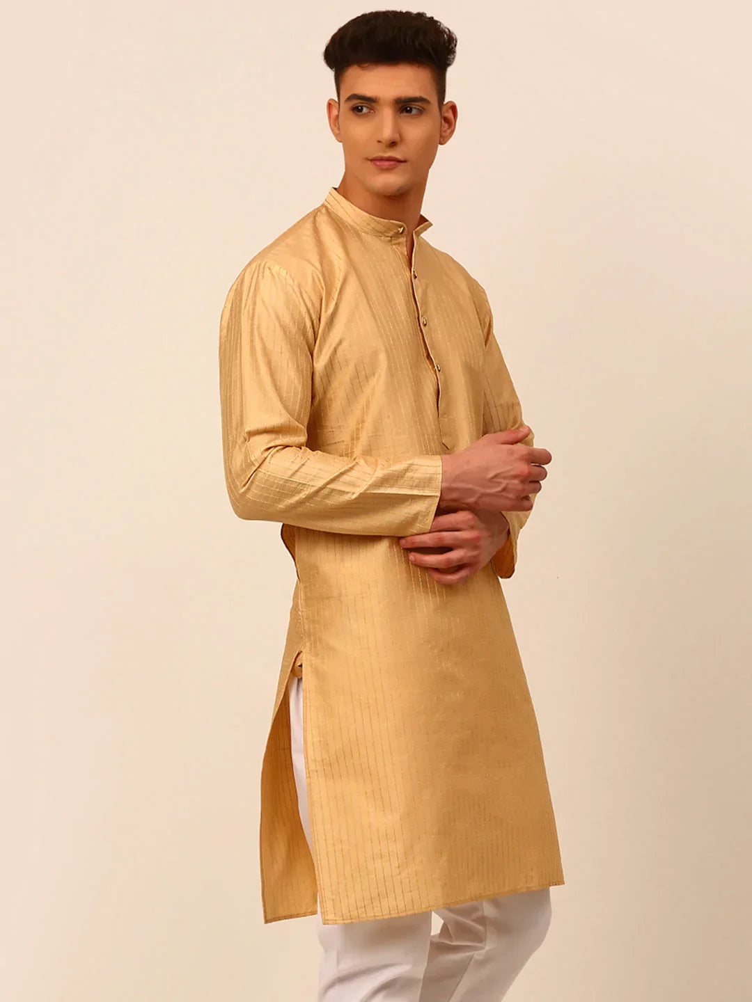 Jompers Men's Beige Striped Pleated Chikankari Kurta Only | Grocsy