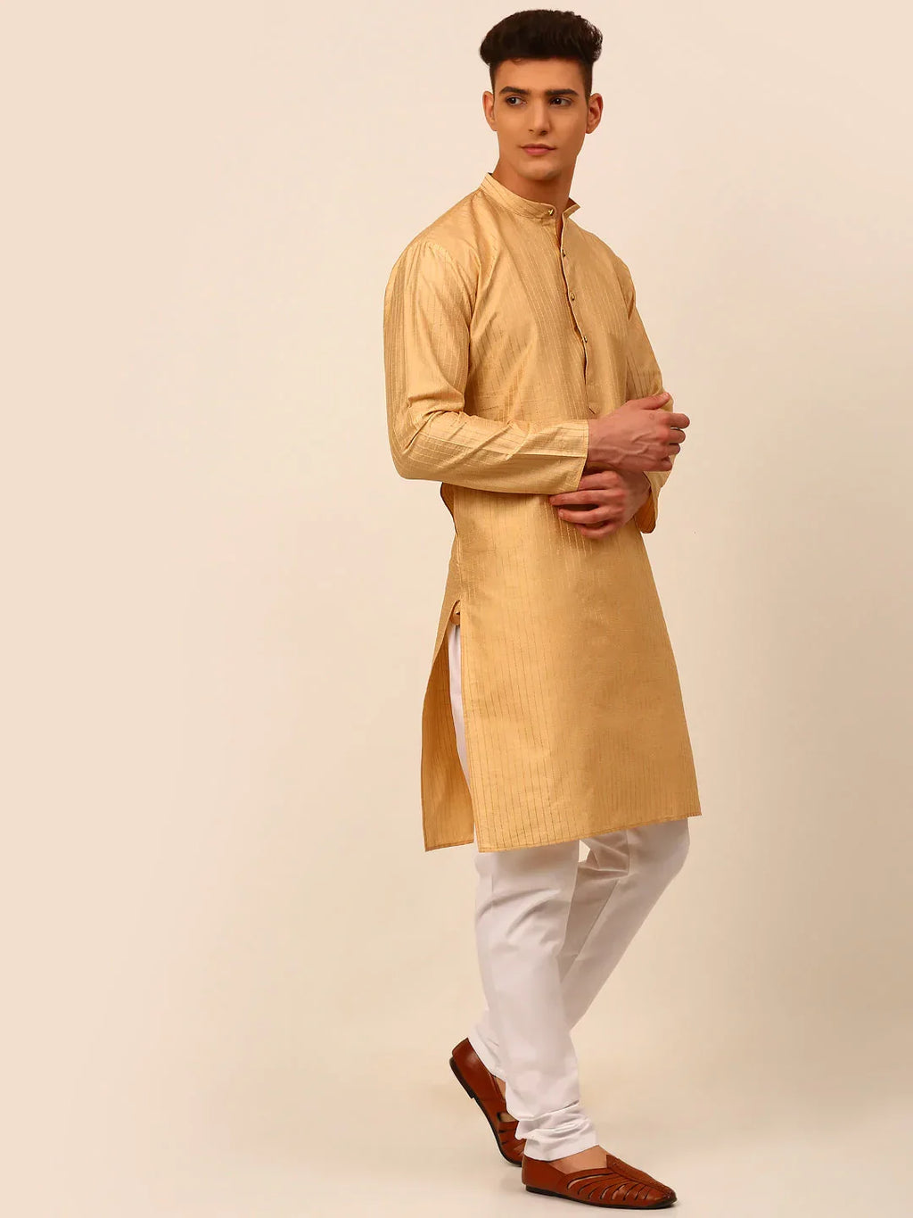 Jompers Men's Beige Striped Pleated Chikankari Kurta pyjama Set | Grocsy