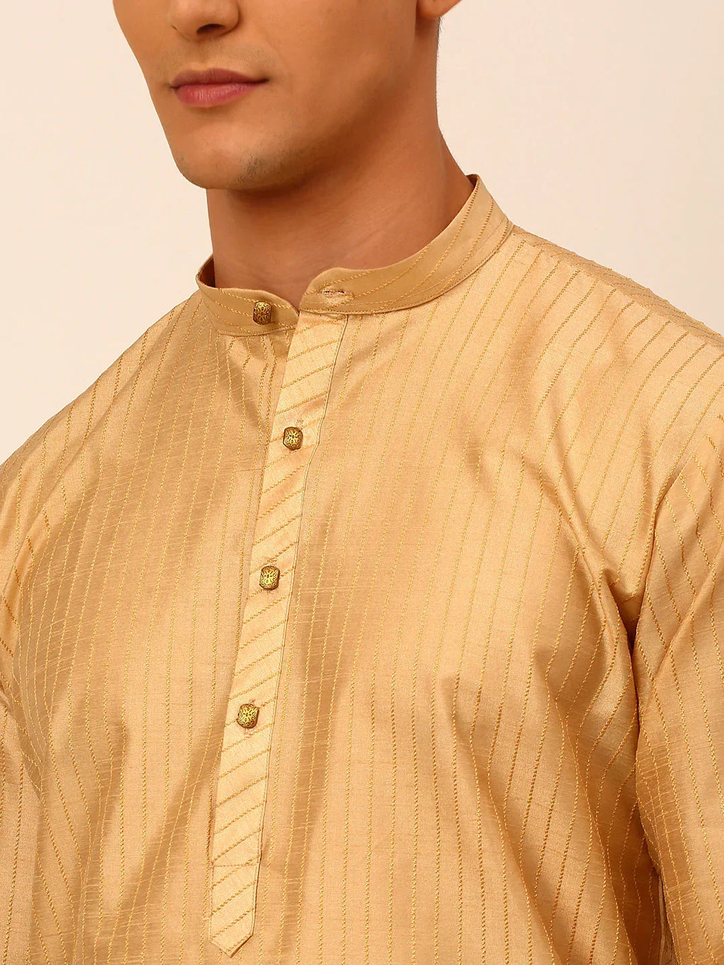 Jompers Men's Beige Striped Pleated Chikankari Kurta Only | Grocsy