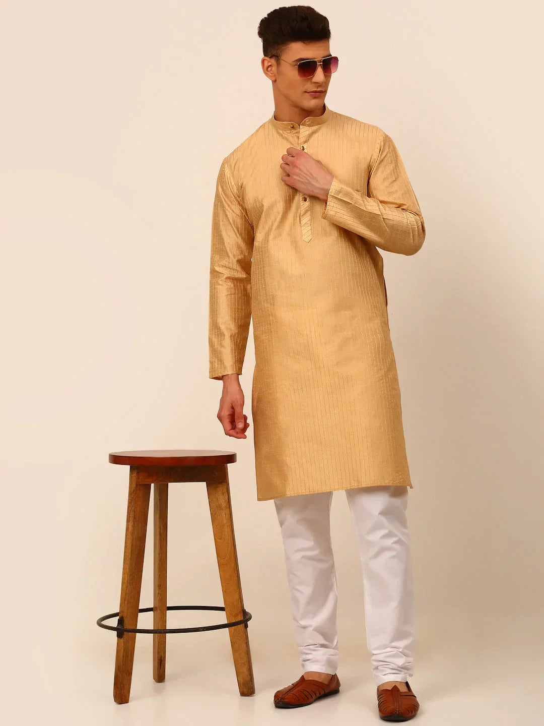 Jompers Men's Beige Striped Pleated Chikankari Kurta Only | Grocsy