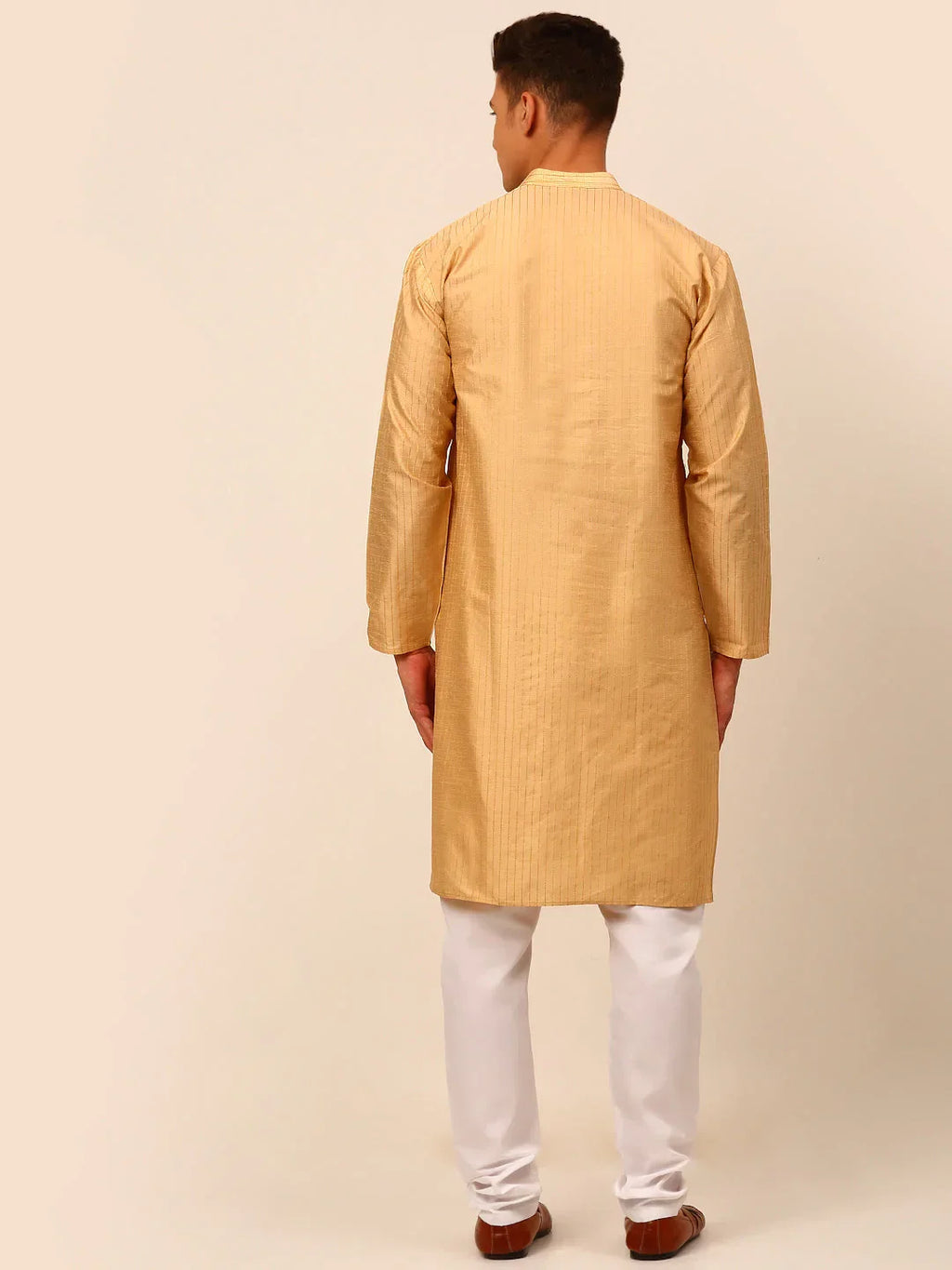 Jompers Men's Beige Striped Pleated Chikankari Kurta pyjama Set | Grocsy