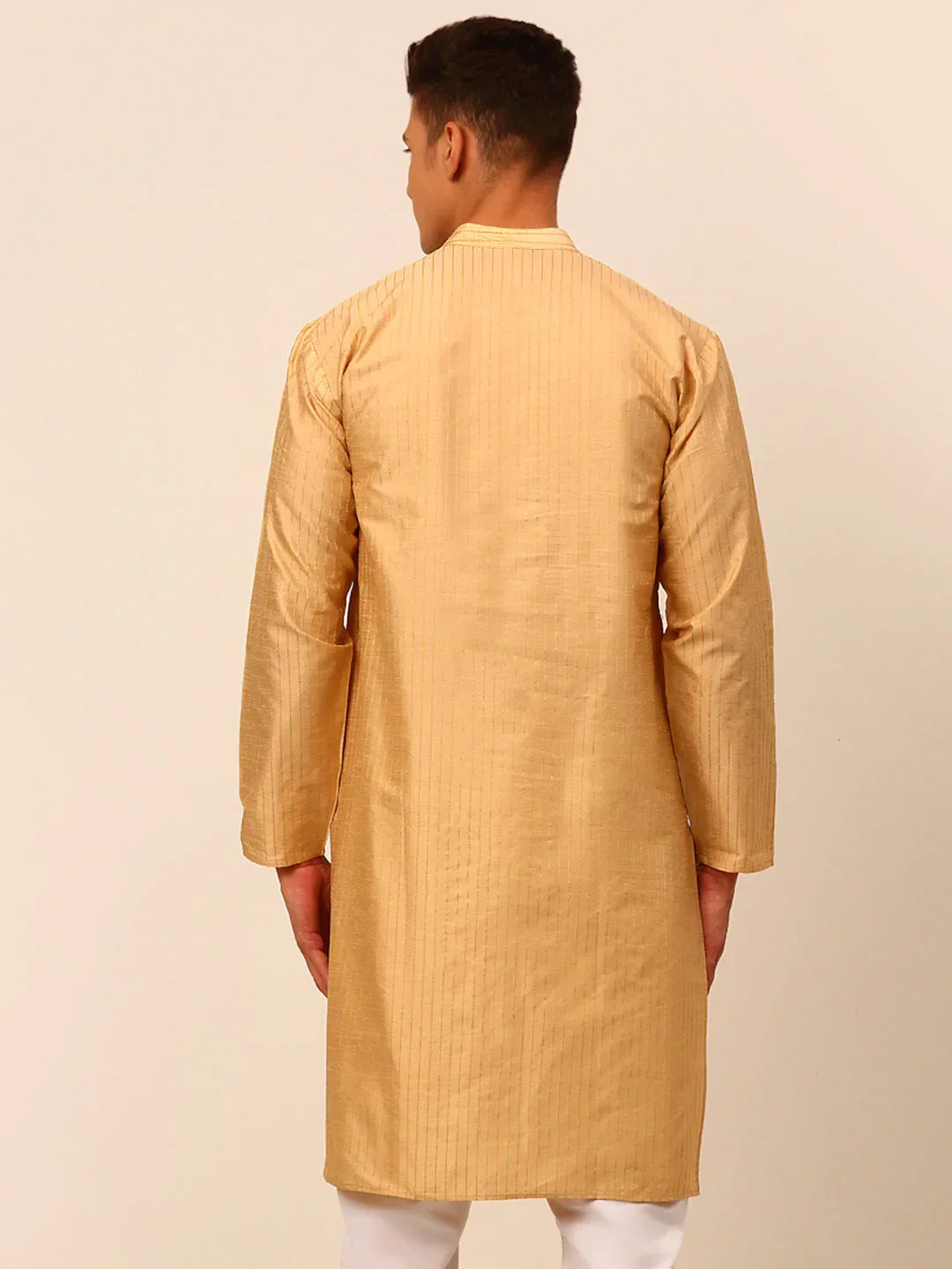 Jompers Men's Beige Striped Pleated Chikankari Kurta Only | Grocsy