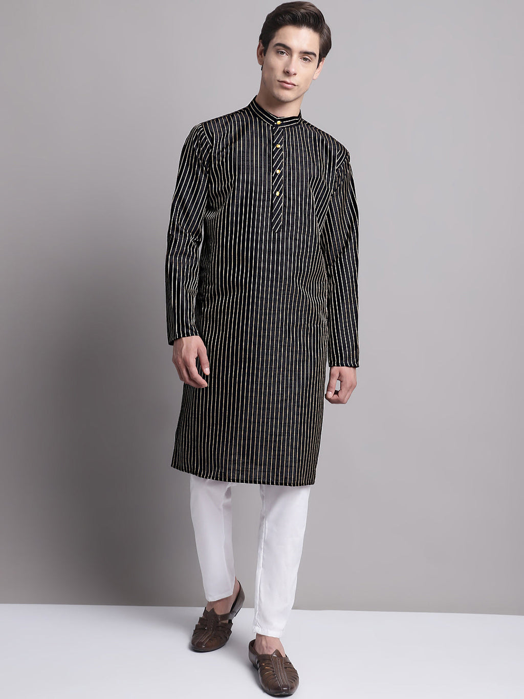 Jompers Men's Black Embroidered Design Kurta with Pyjamas | Grocsy