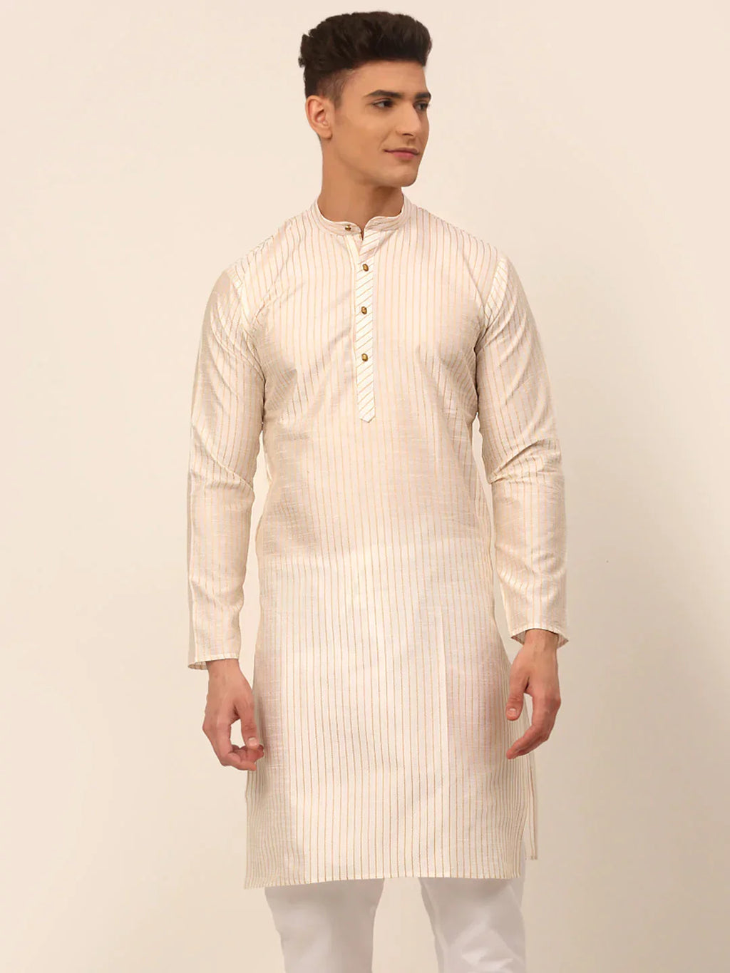 Jompers Men's Cream Striped Pleated Chikankari Kurta Only | Grocsy