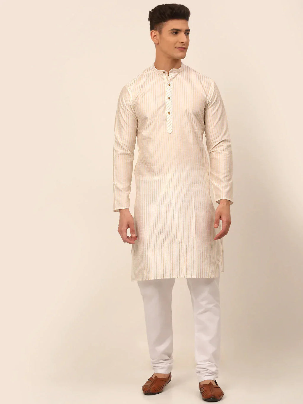 Jompers Men's Cream Striped Pleated Chikankari Kurta pyjama Set | Grocsy