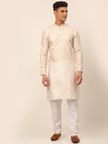 Jompers Men's Cream Striped Pleated Chikankari Kurta pyjama Set | Grocsy