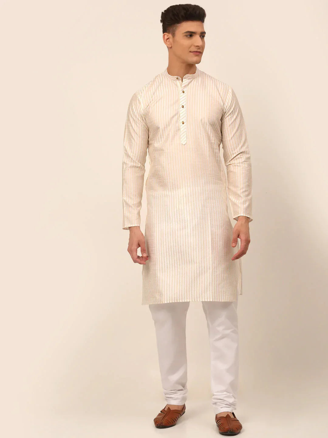 Jompers Men's Cream Striped Pleated Chikankari Kurta pyjama Set | Grocsy