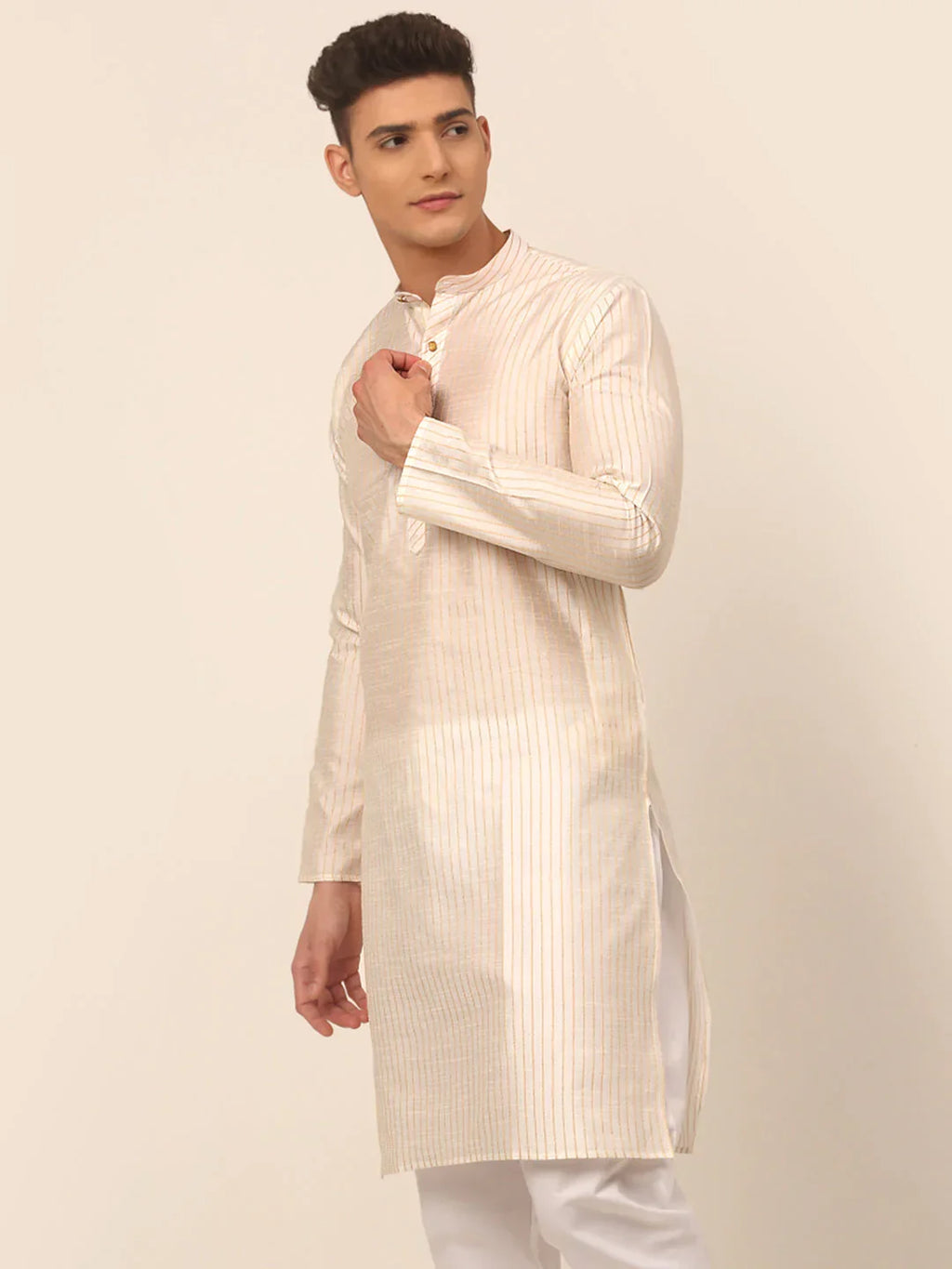 Jompers Men's Cream Striped Pleated Chikankari Kurta Only | Grocsy