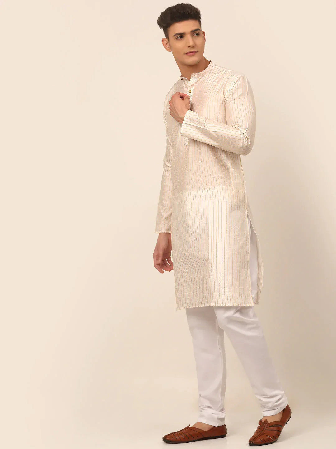 Jompers Men's Cream Striped Pleated Chikankari Kurta pyjama Set | Grocsy
