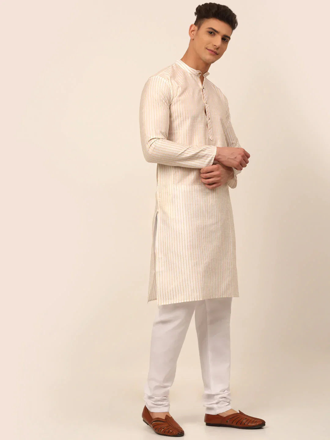 Jompers Men's Cream Striped Pleated Chikankari Kurta Only | Grocsy