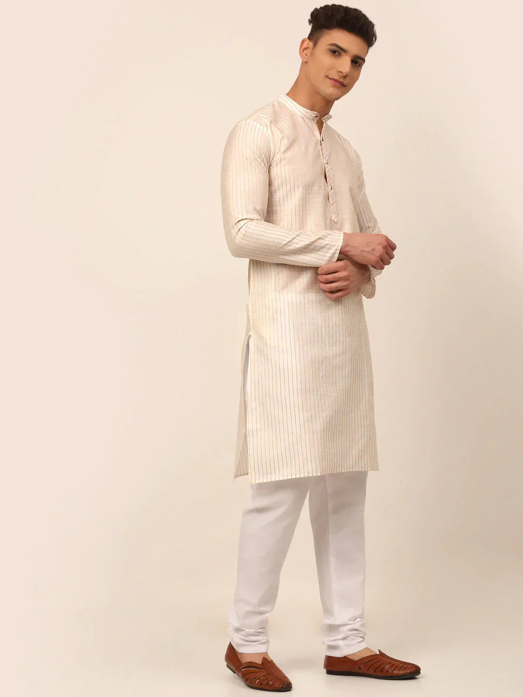 Jompers Men's Cream Striped Pleated Chikankari Kurta pyjama Set | Grocsy