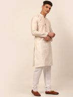 Jompers Men's Cream Striped Pleated Chikankari Kurta pyjama Set | Grocsy