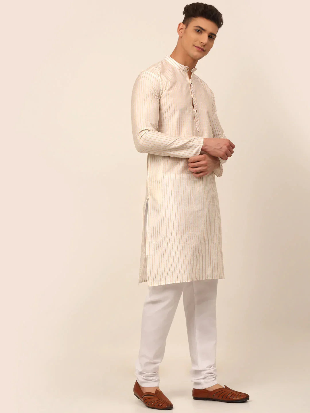 Jompers Men's Cream Striped Pleated Chikankari Kurta pyjama Set | Grocsy