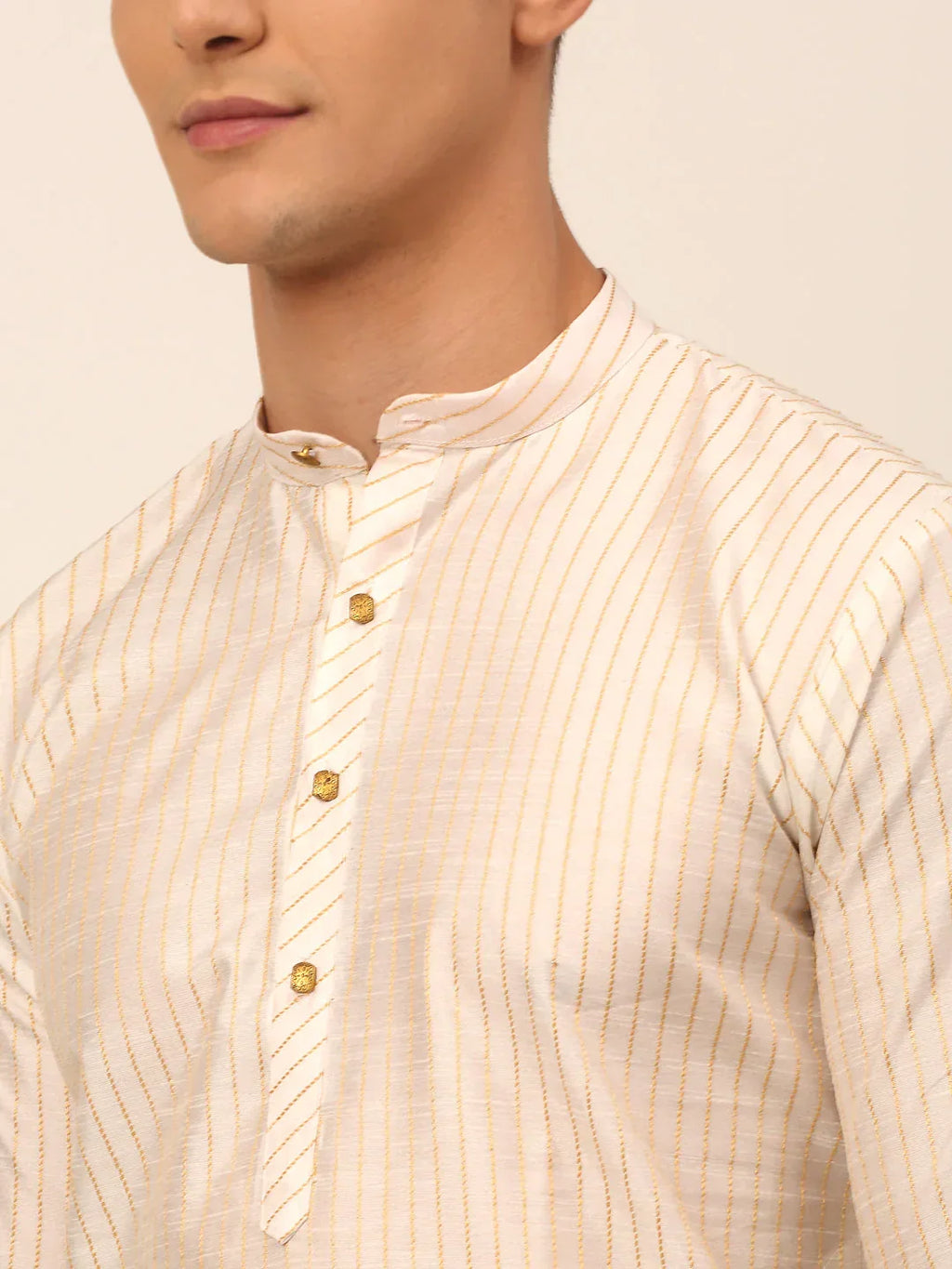 Jompers Men's Cream Striped Pleated Chikankari Kurta pyjama Set | Grocsy