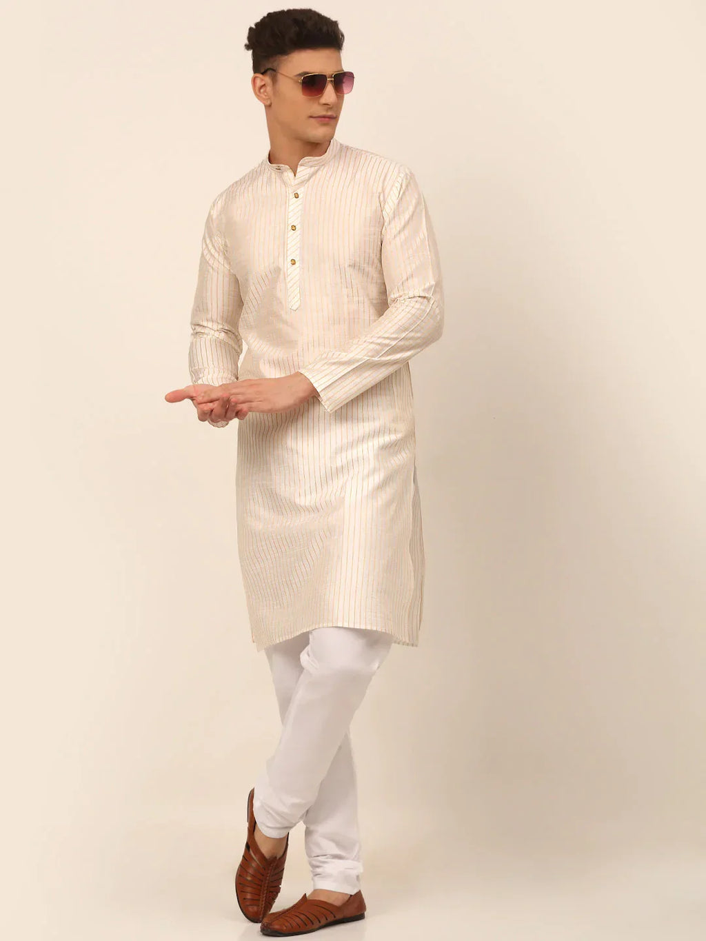 Jompers Men's Cream Striped Pleated Chikankari Kurta Only | Grocsy