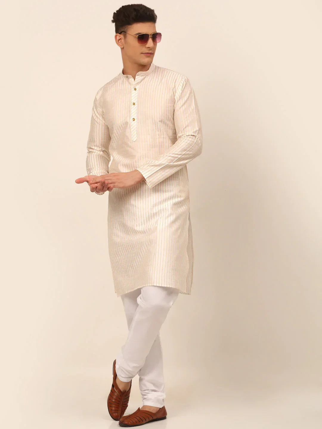 Jompers Men's Cream Striped Pleated Chikankari Kurta Only | Grocsy
