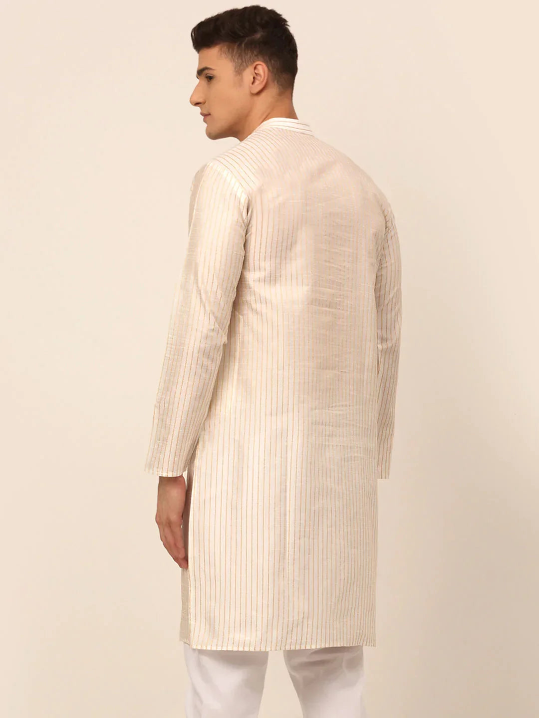 Jompers Men's Cream Striped Pleated Chikankari Kurta Only | Grocsy