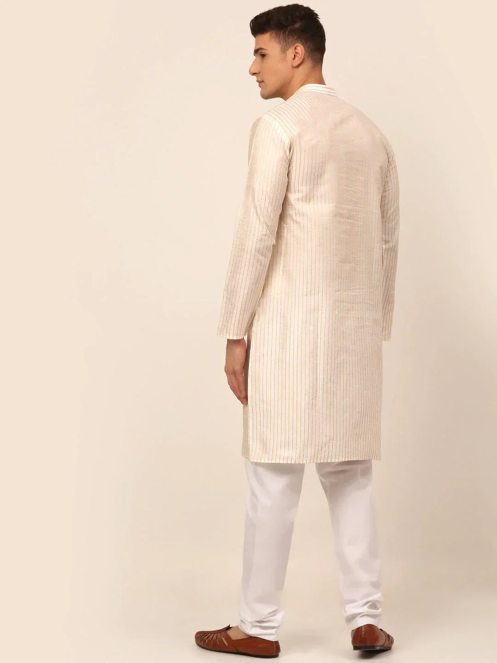 Jompers Men's Cream Striped Pleated Chikankari Kurta pyjama Set | Grocsy