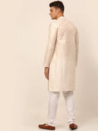 Jompers Men's Cream Striped Pleated Chikankari Kurta pyjama Set | Grocsy