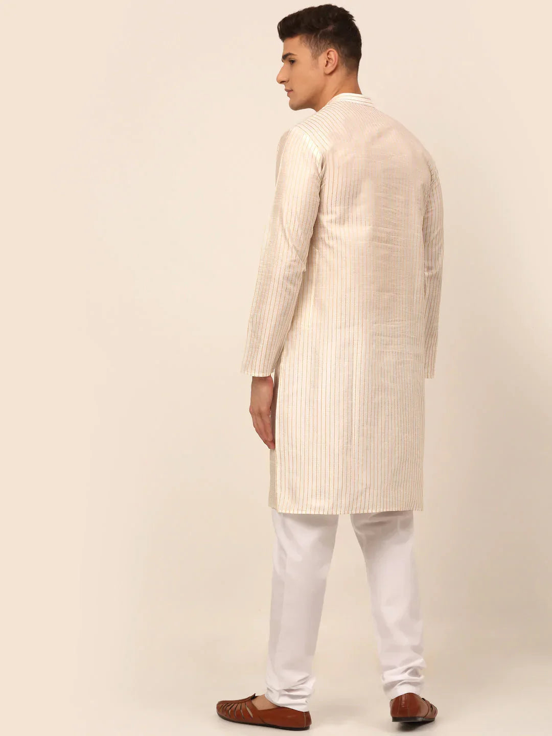 Jompers Men's Cream Striped Pleated Chikankari Kurta pyjama Set | Grocsy