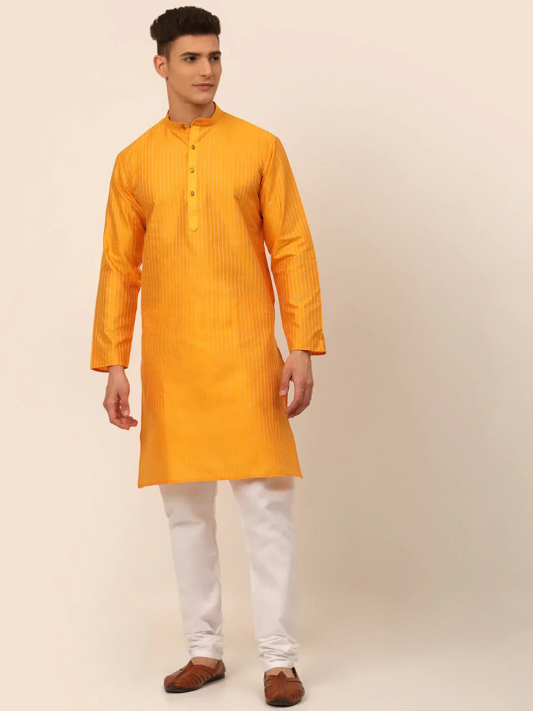 Jompers Men's Mustard Striped Pleated Chikankari Kurta pyjama Set | Grocsy
