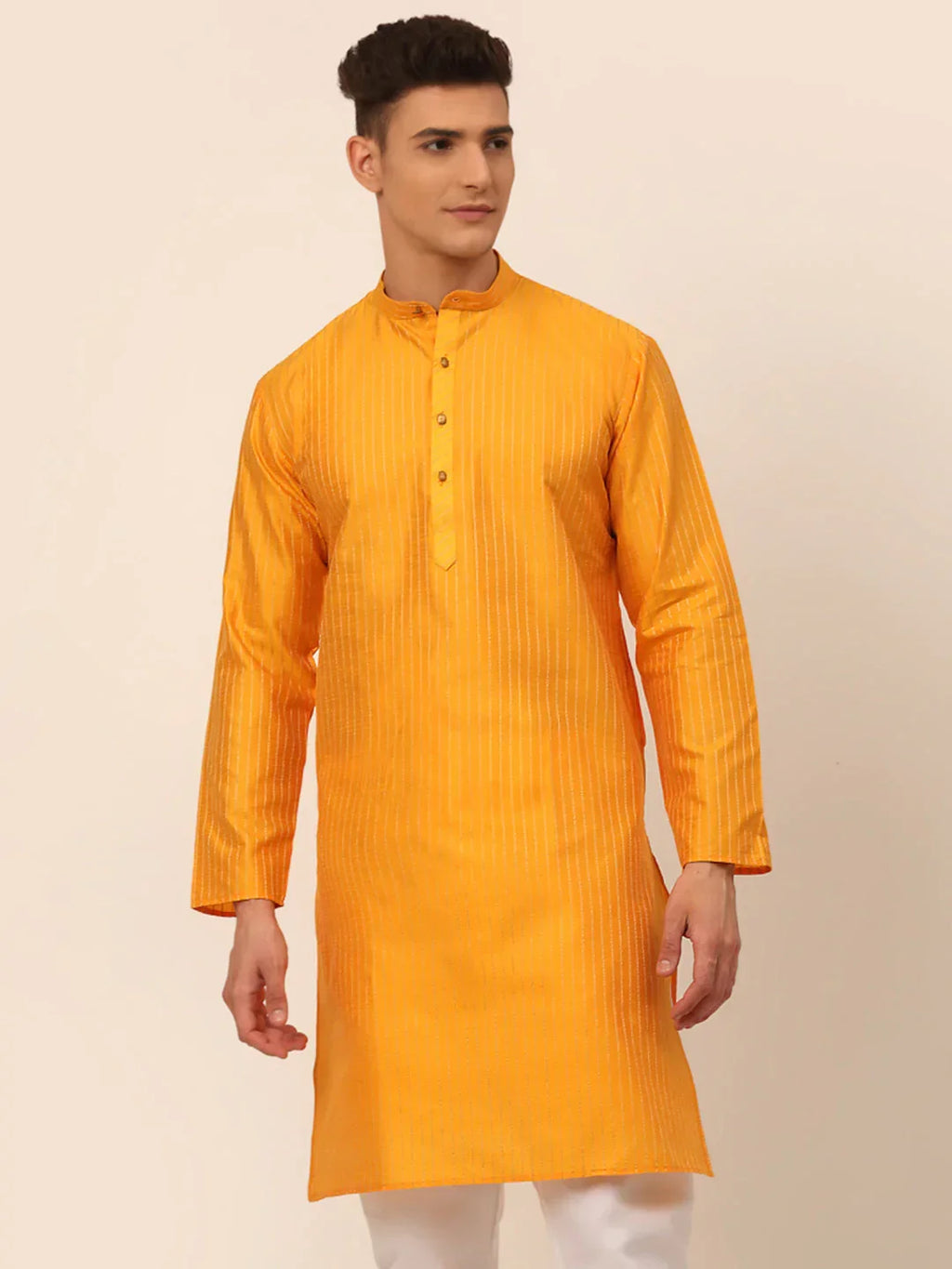 Jompers Men's Mustard Striped Pleated Chikankari Kurta Only | Grocsy