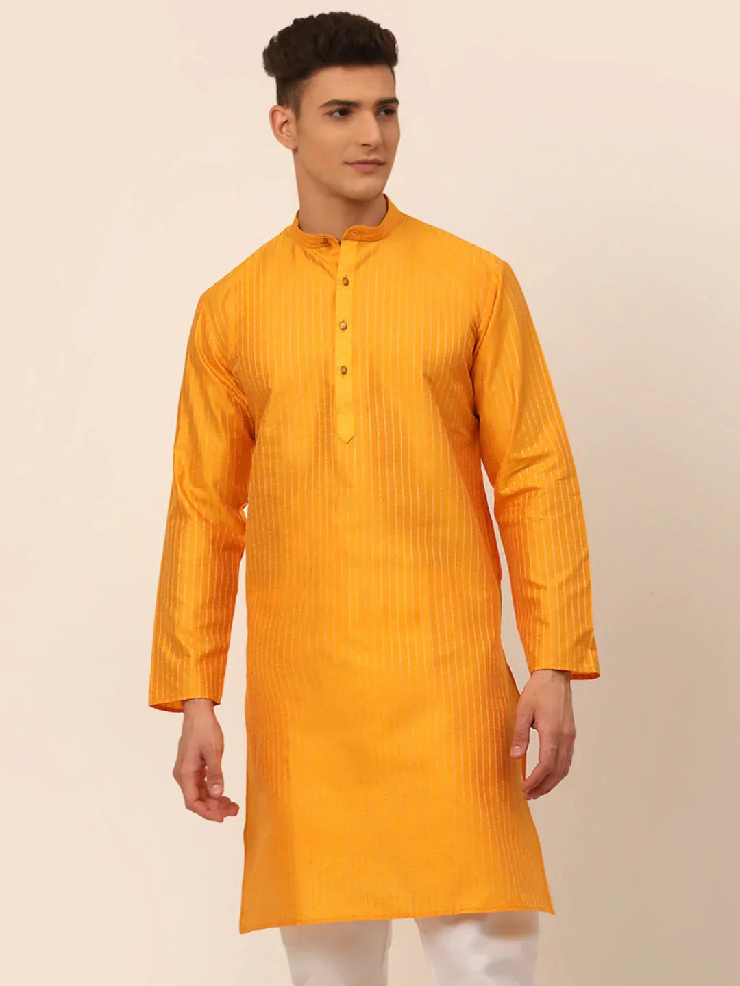 Jompers Men's Mustard Striped Pleated Chikankari Kurta Only | Grocsy