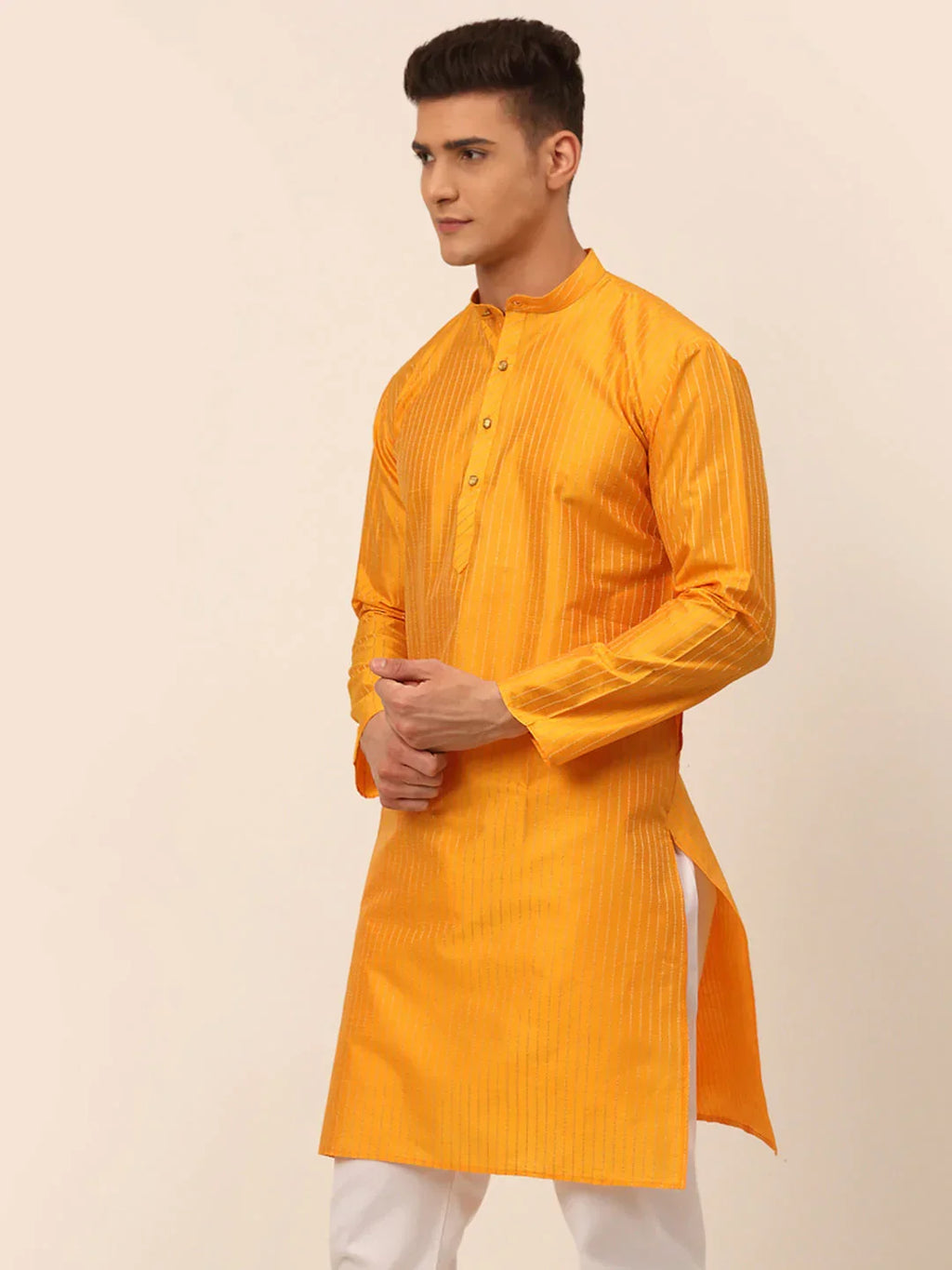 Jompers Men's Mustard Striped Pleated Chikankari Kurta Only | Grocsy