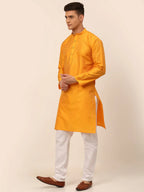 Jompers Men's Mustard Striped Pleated Chikankari Kurta pyjama Set | Grocsy