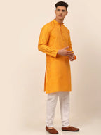 Jompers Men's Mustard Striped Pleated Chikankari Kurta Only | Grocsy