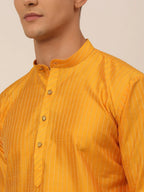 Jompers Men's Mustard Striped Pleated Chikankari Kurta pyjama Set | Grocsy