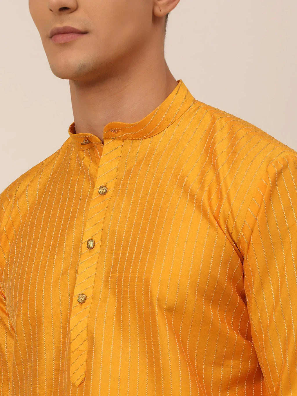 Jompers Men's Mustard Striped Pleated Chikankari Kurta Only | Grocsy