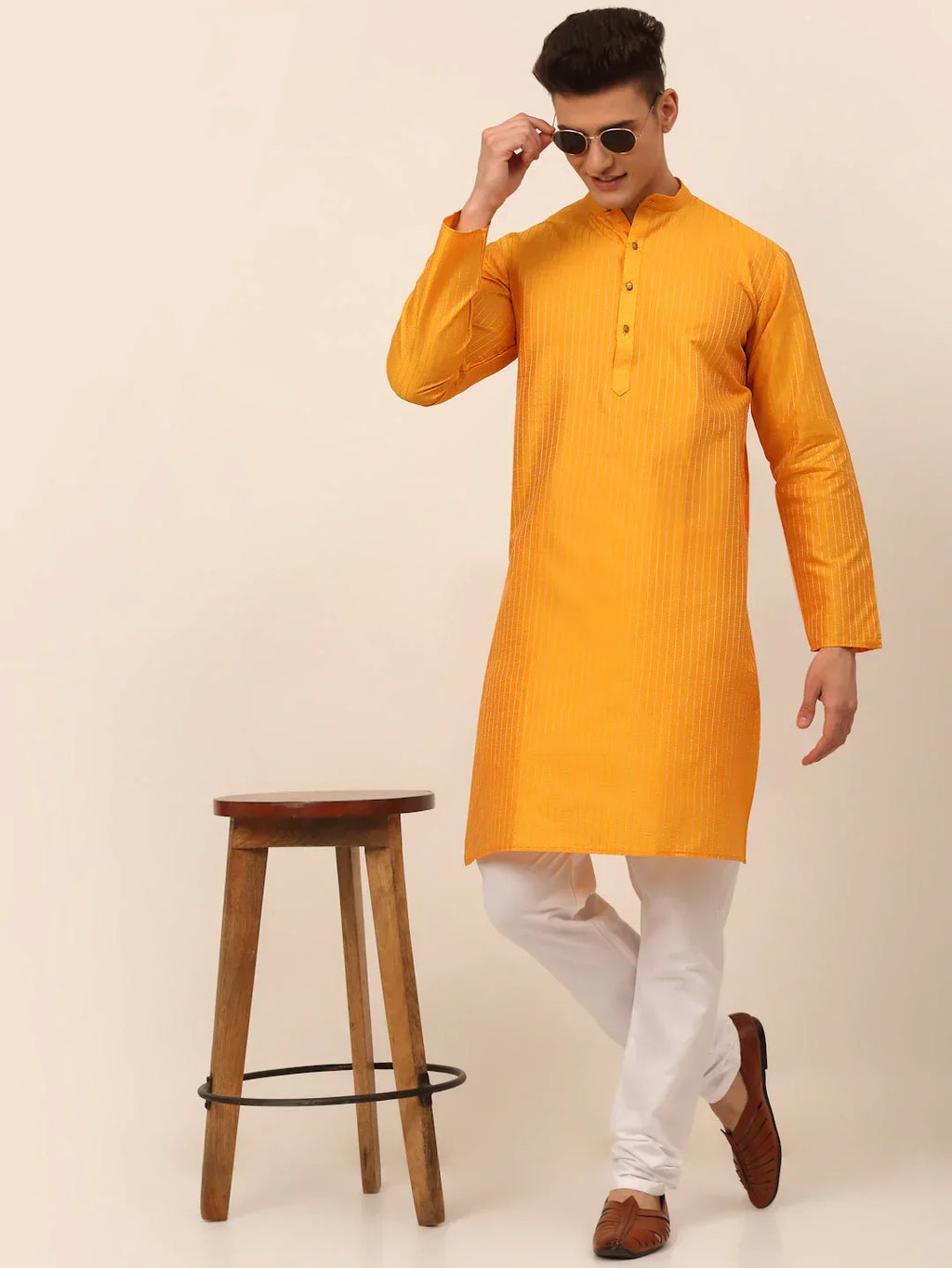 Jompers Men's Mustard Striped Pleated Chikankari Kurta Only | Grocsy