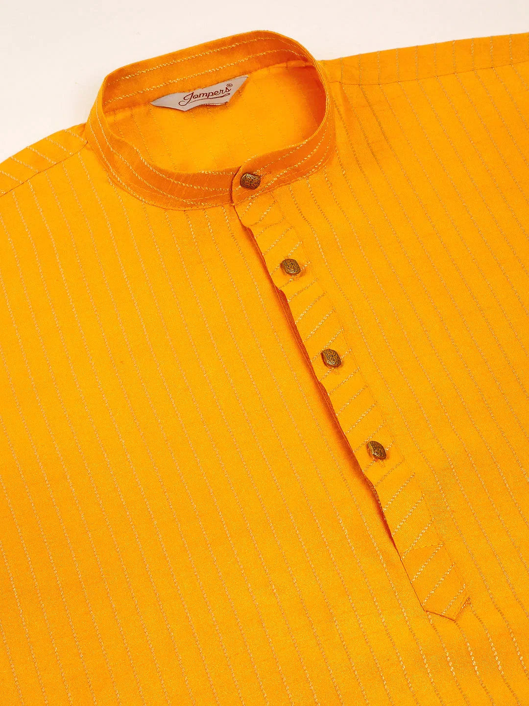 Jompers Men's Mustard Striped Pleated Chikankari Kurta Only | Grocsy