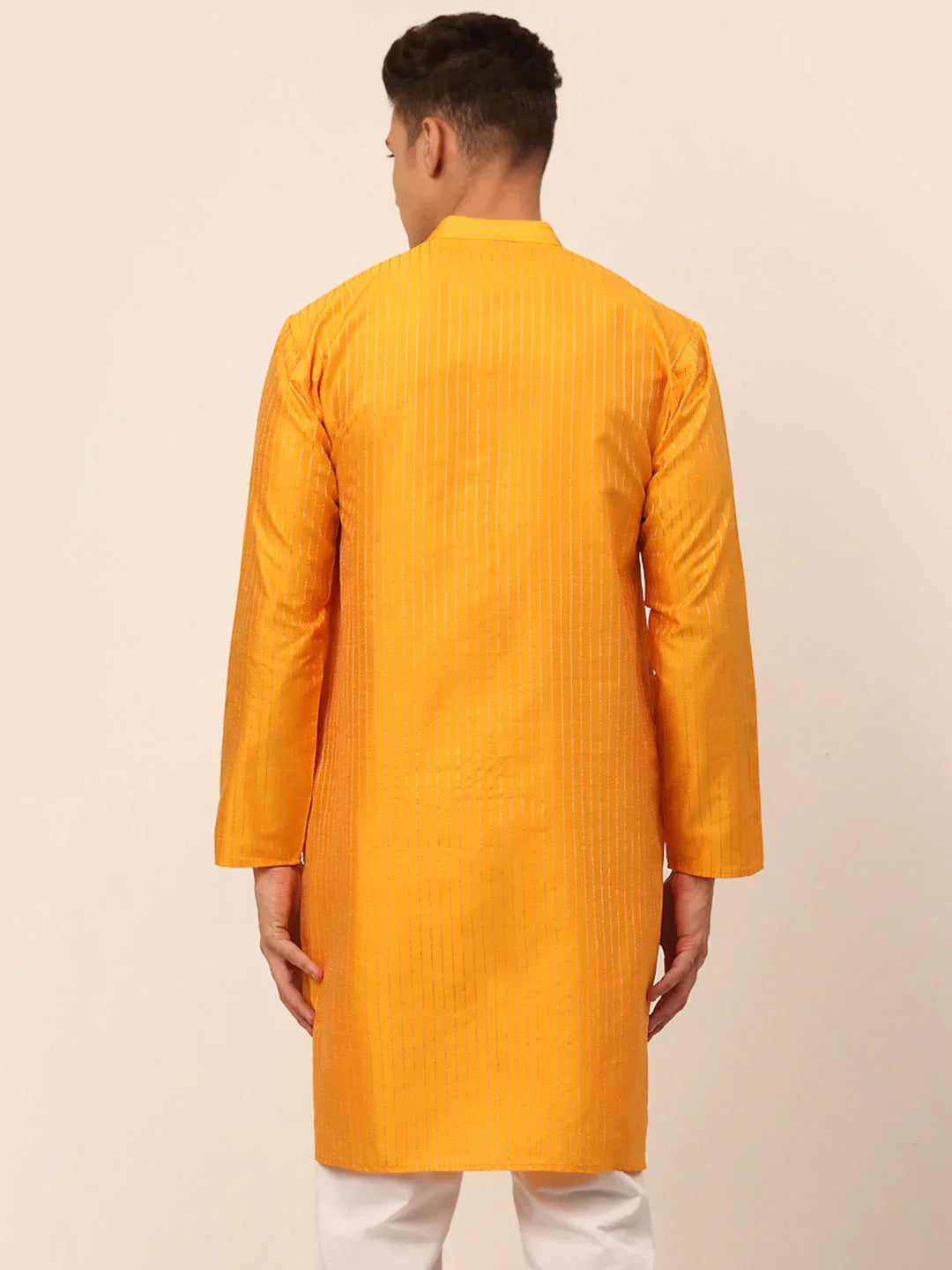 Jompers Men's Mustard Striped Pleated Chikankari Kurta Only | Grocsy