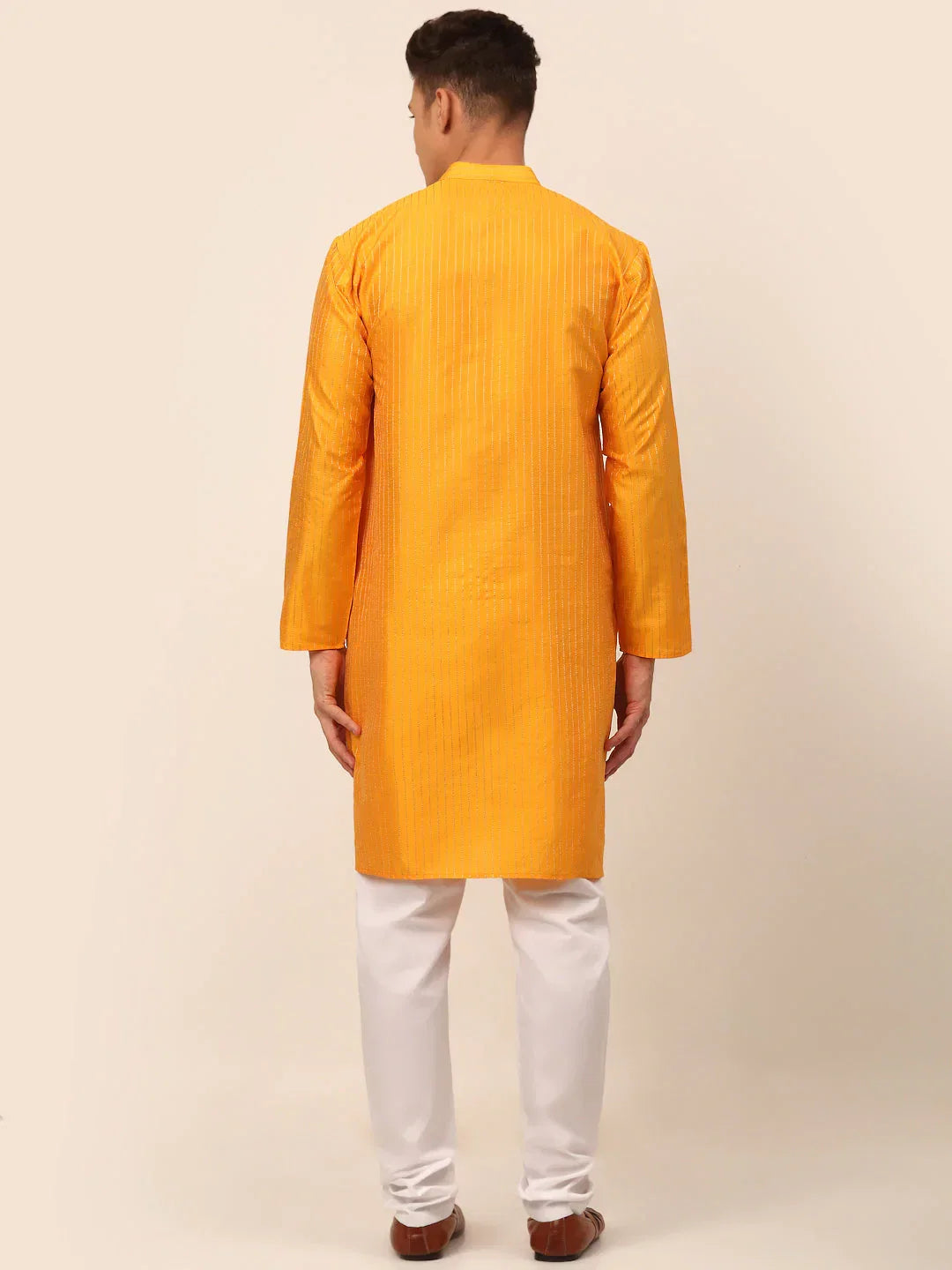 Jompers Men's Mustard Striped Pleated Chikankari Kurta pyjama Set | Grocsy