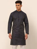 Jompers Men's Navy Blue Striped Pleated Chikankari Kurta Only | Grocsy